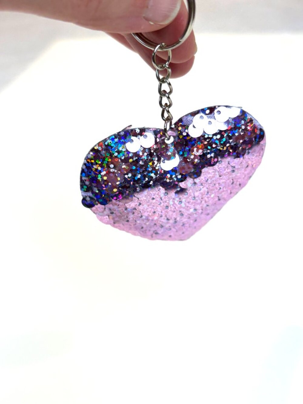 Stylish pink purple sequin heart keychain bag charm. New